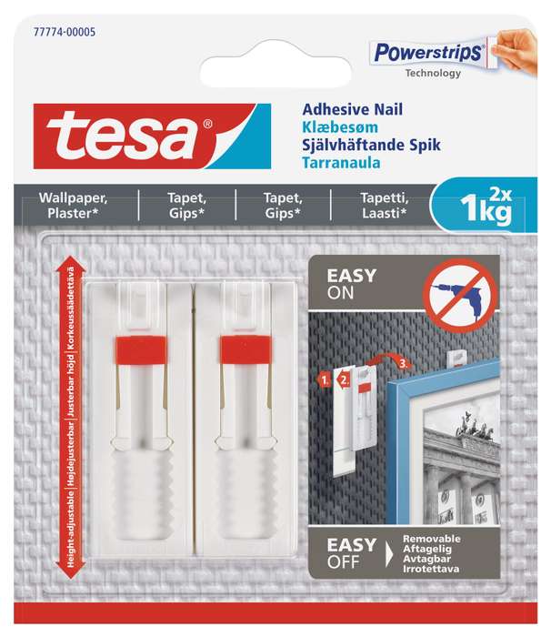 TESA Adhesive Nail Adjustable 2 x 1kg - Sensitive Surface - Wallpaper and Plaster