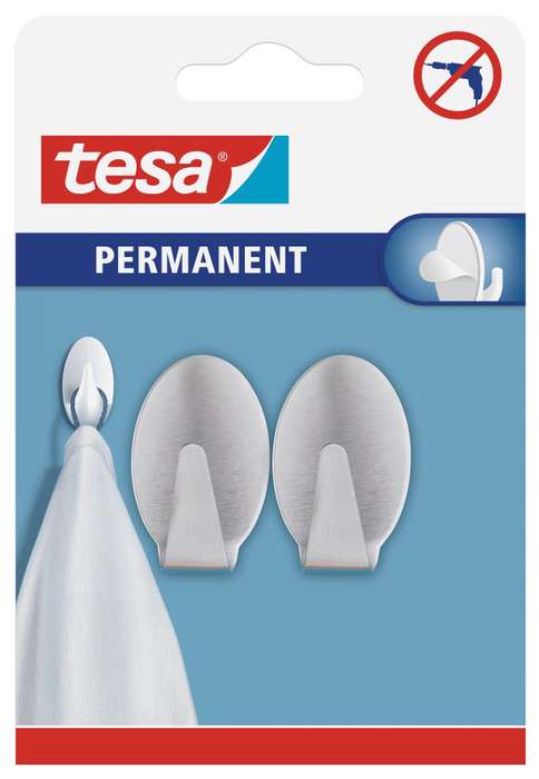 TESA Permanent Hooks Oval Large Metal 2 Hooks Stainless Steel