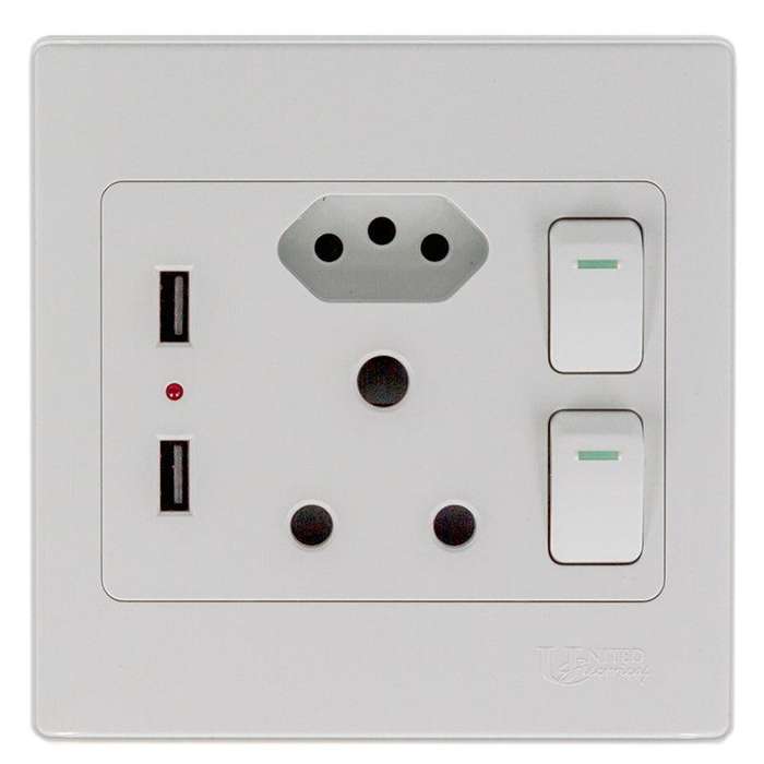 United Electrical Double Wall Switch Socket With Euro + 2 Usb Ports 4x4
