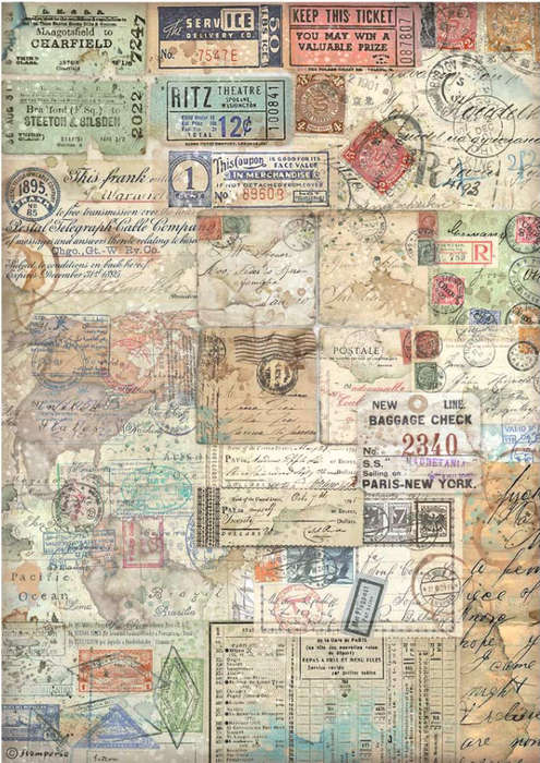 Stamperia Rice Paper - Art of Travelling tickets