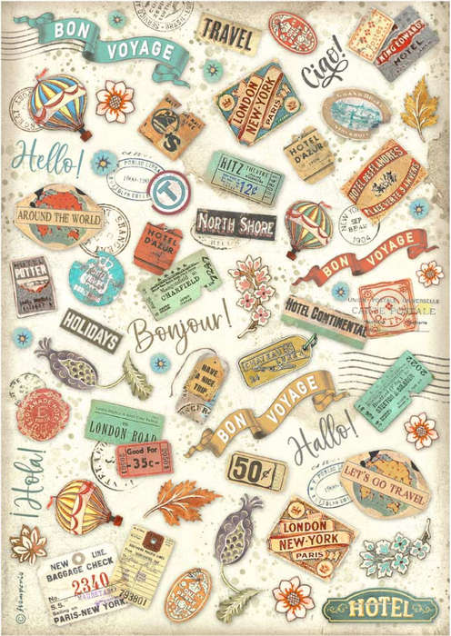 Stamperia Rice Paper - Art of Travelling labels