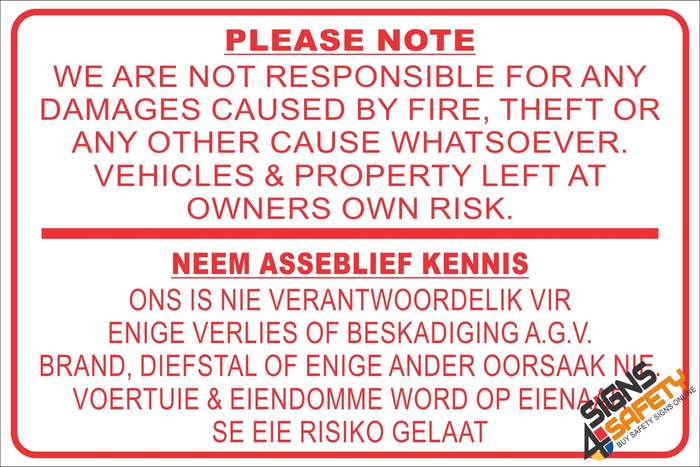 (NR8) Geen Verantwoordelikheid Teken / No Responsibility Disclaimer Sign - 300mm * 200mm 0.6mm Chrom