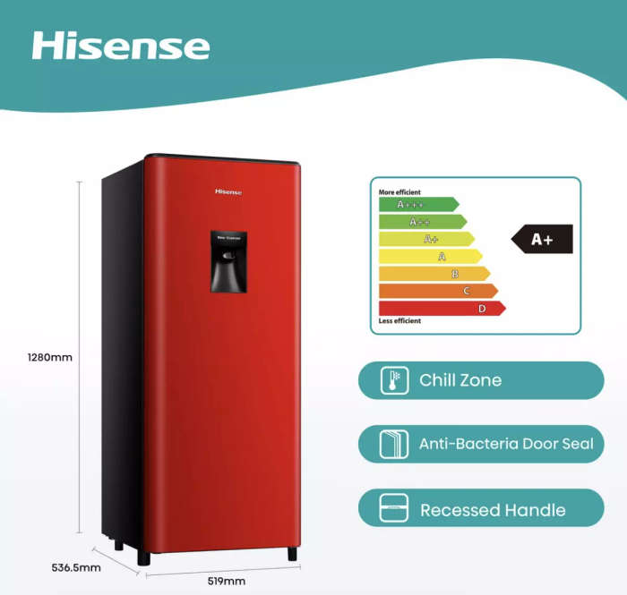 Hisense 177L Single Door Fridge with Water Dispenser - Red - H235rre-wd (New, small dent)