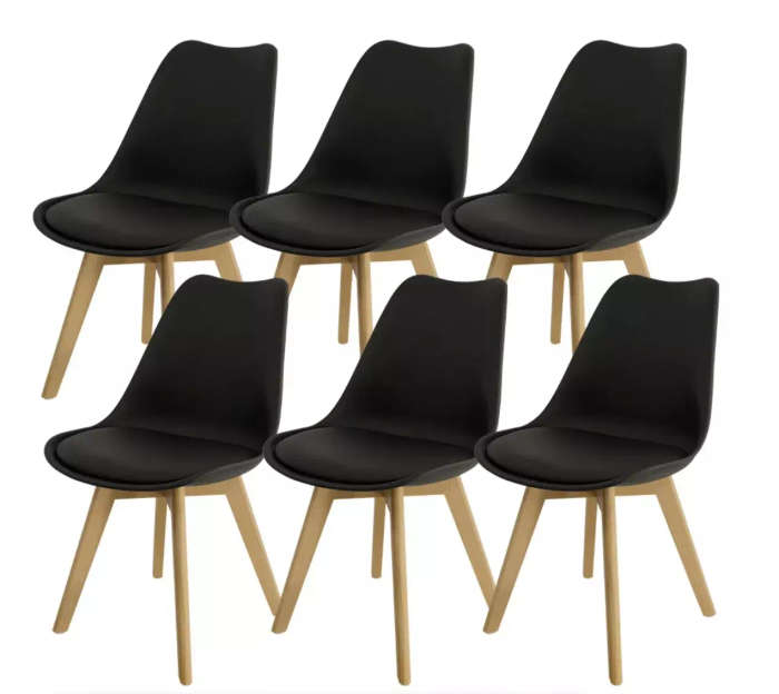 Padded Seat Wooden Leg Dining Chairs - Pack of Six - Black Colour