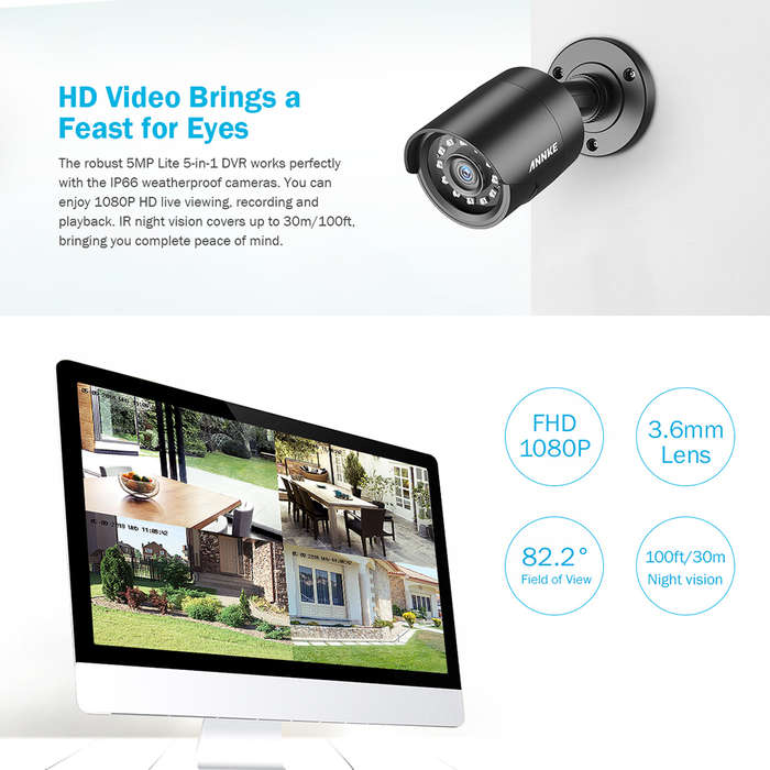 ANNKE 8CH (5 IN 1) HYBRID DVR + 8 PCS 2MP TVI BULLET CAMERAS