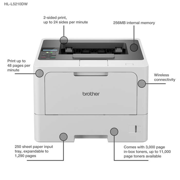 Brother HL-L5210DW A4 Wi-Fi Mono Laser Printer - with 3yr Warranty