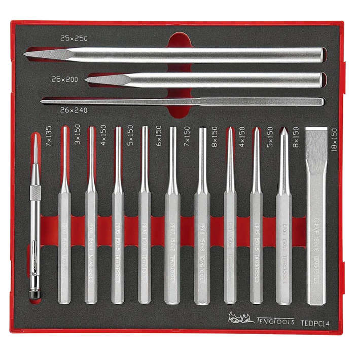 Teng Tools 14 Piece Parallel Pin Punch, Flat Cold Chisel and Centre Punch Foam Set - TEDPC14, Silver