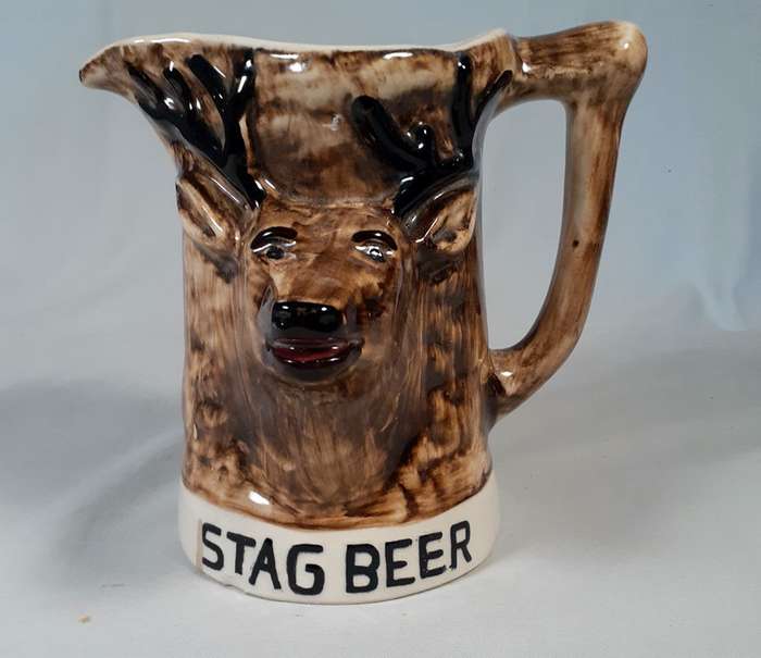 SA Studio pottery Grahamstown Town Potteries Drostdy Ware Stag Beer Jug embossed relief South Afr...
