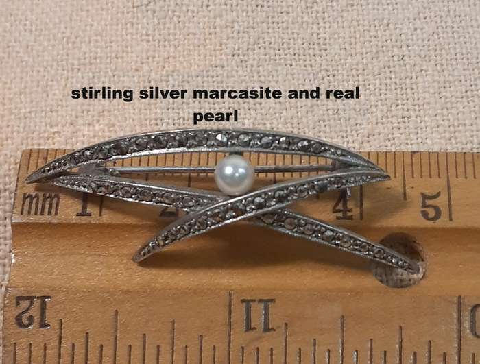 Stirling silver marcasite and pearl brooch