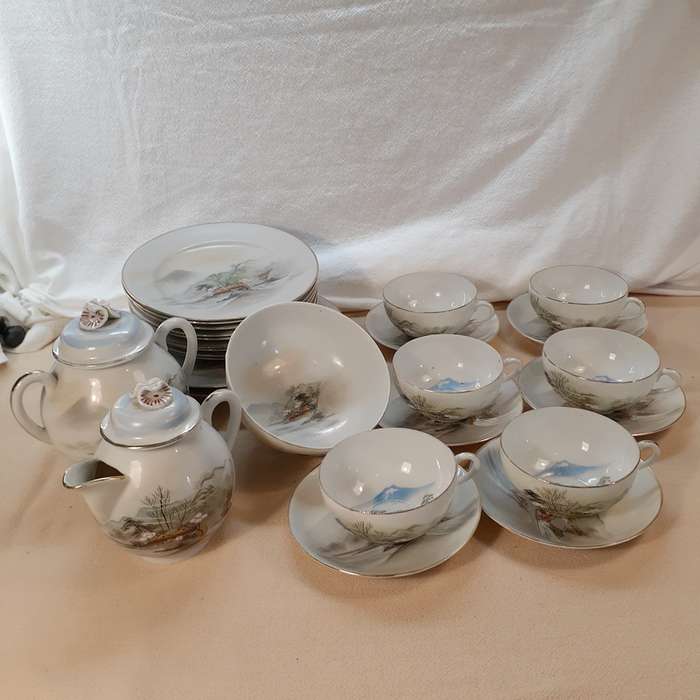 Oriental Japanese tea set - fine porcelain - hand decorated landscapes