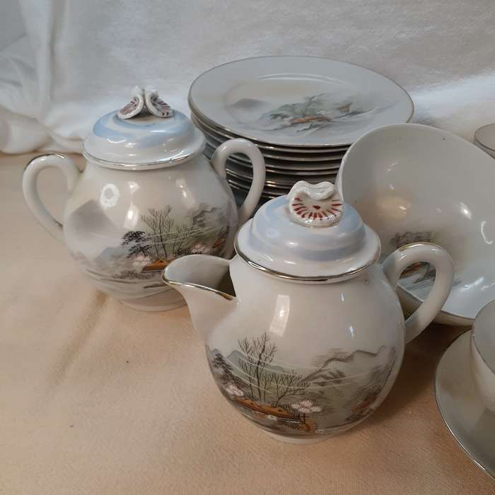 Oriental Japanese tea set - fine porcelain - hand decorated landscapes