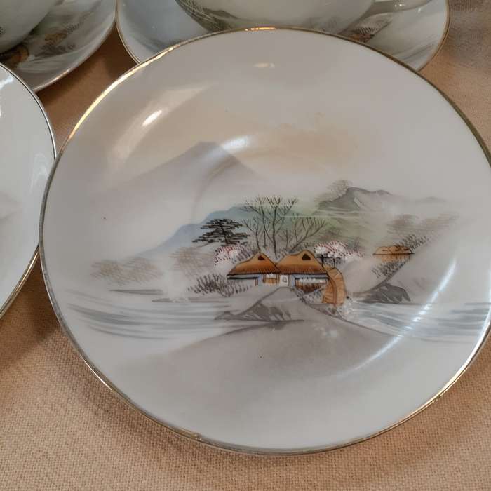 Oriental Japanese tea set - fine porcelain - hand decorated landscapes
