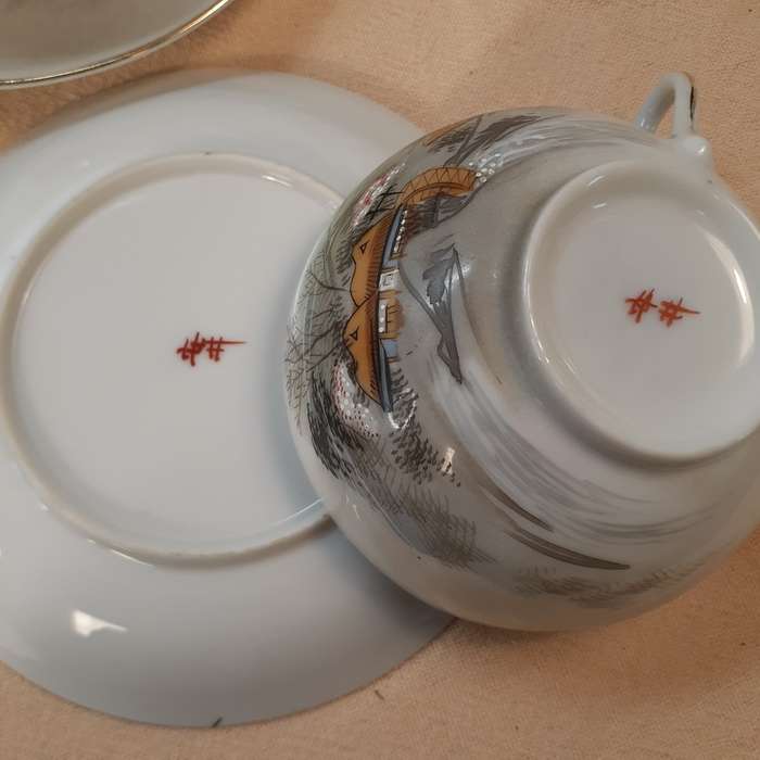 Oriental Japanese tea set - fine porcelain - hand decorated landscapes