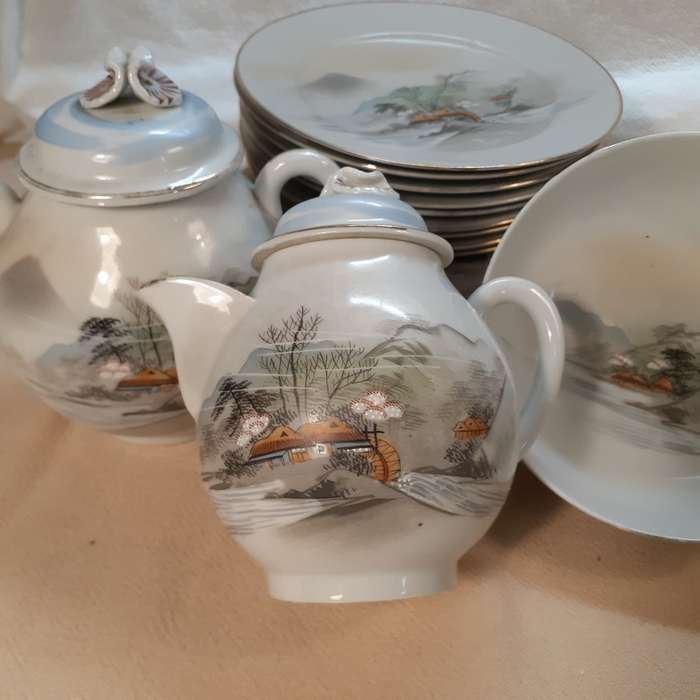 Oriental Japanese tea set - fine porcelain - hand decorated landscapes