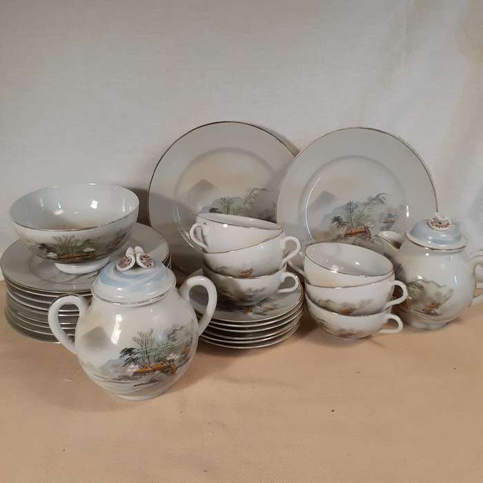 Oriental Japanese tea set - fine porcelain - hand decorated landscapes
