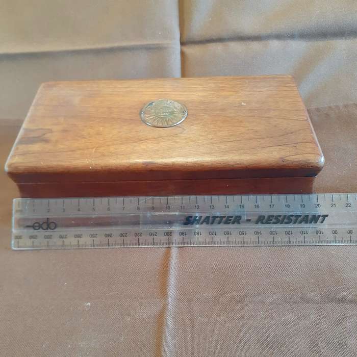 Swedish wooden box with vintage electrolux badge jewelry box card box