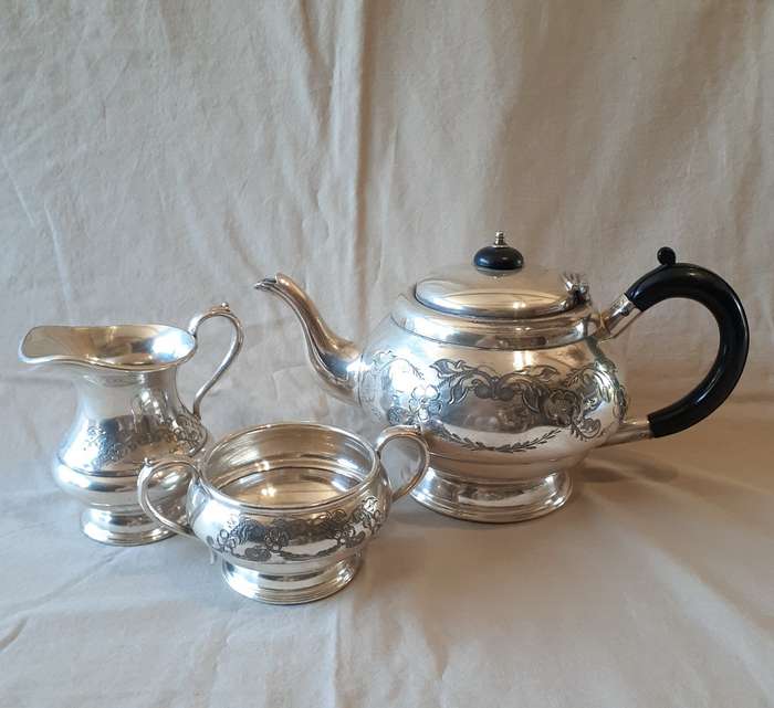 Silver Plated Britannia metal English Tea Pot, Sugar Basin and Milk Jug