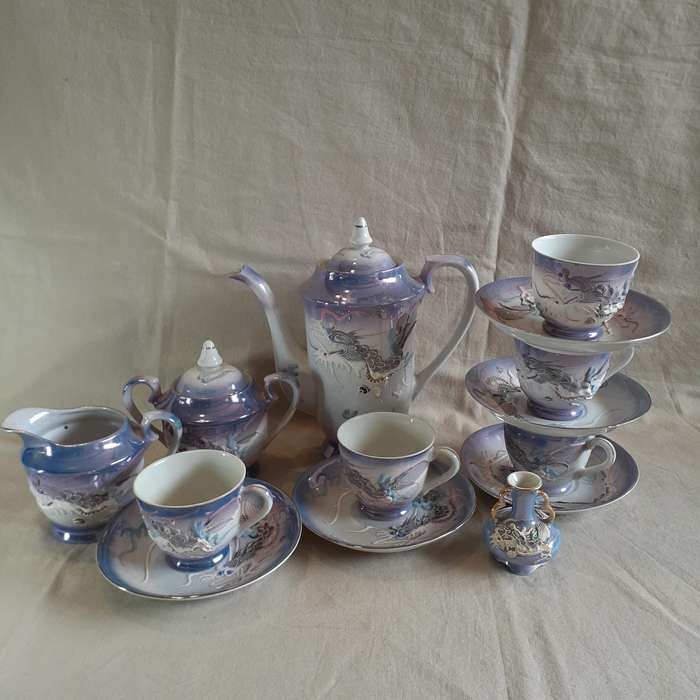 Japanese iridescent dragonware  tea coffee set - geisha lithophane inside the cups