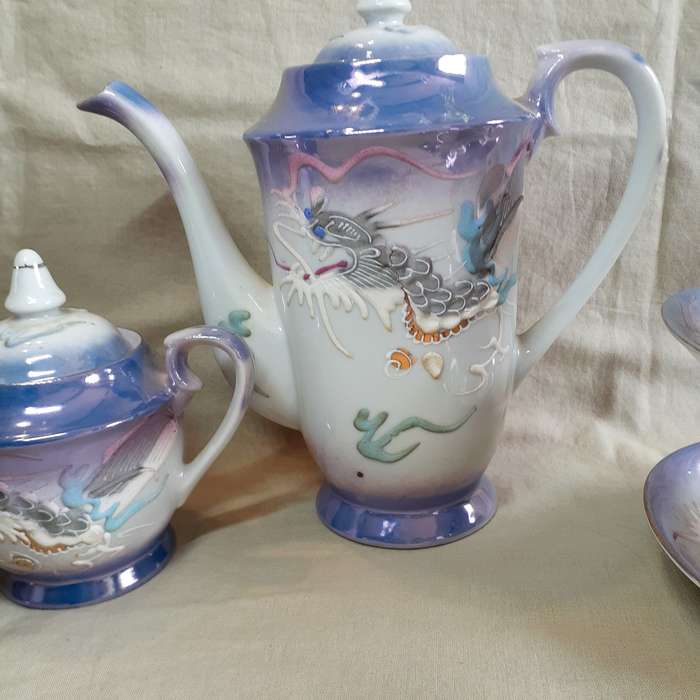 Japanese iridescent dragonware  tea coffee set - geisha lithophane inside the cups