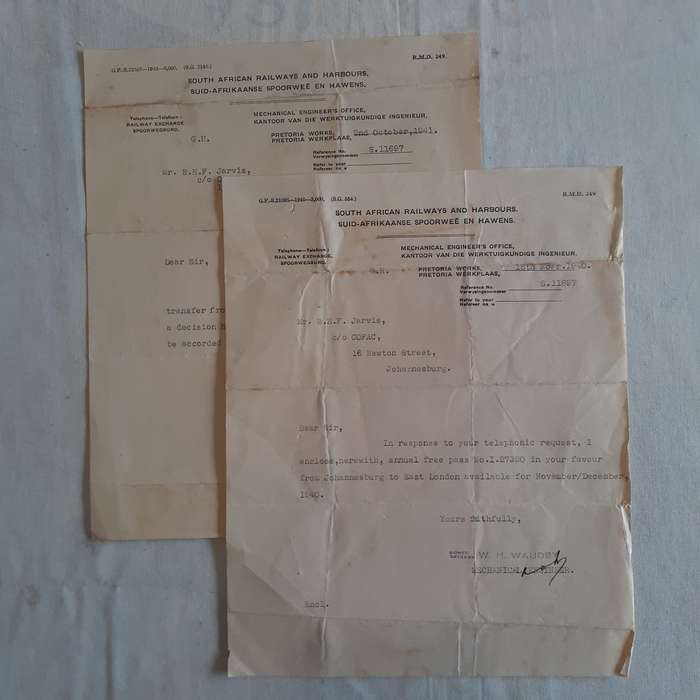 SAR and H Ephemera - 2 typed letters Nov 1940 re free train travel pass