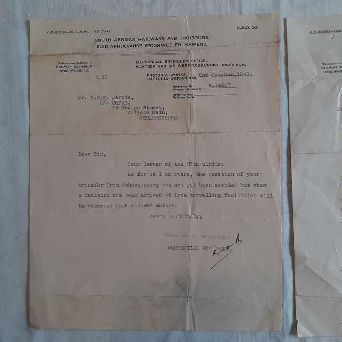 SAR and H Ephemera - 2 typed letters Nov 1940 re free train travel pass