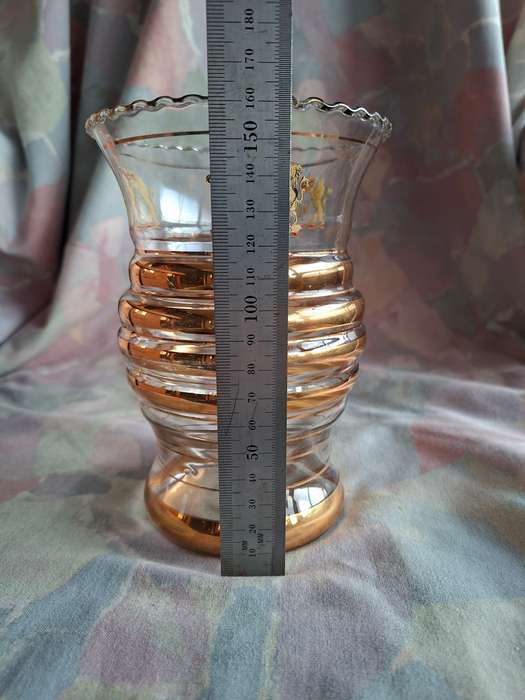Royalty 1953 Coronation commemoration glass vase with gold bands  16 cms