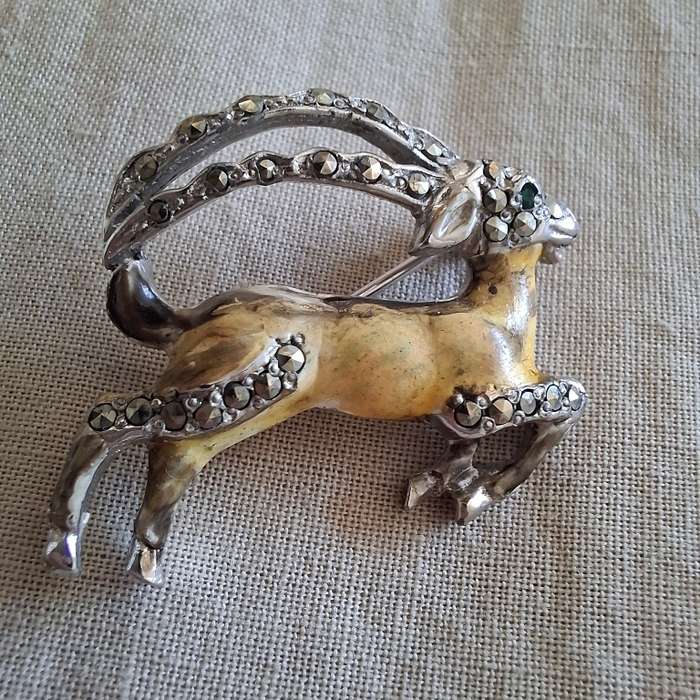 Bohemian BJL brooch -enamel goat ibex with enamel and marcasite - Pre 1950 