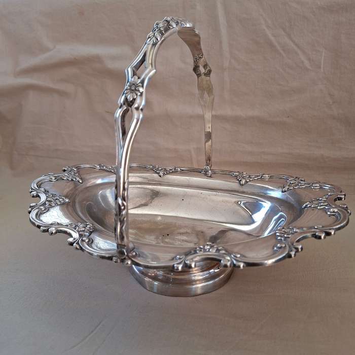 Large Silver plate fruit or wedding "basket"  Leaf and acorn scrolls around the rim.  32 cm dia