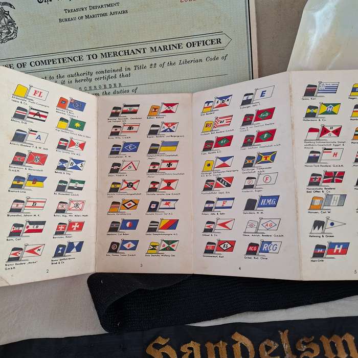 Shipping - Merchant Marine German Officer Certificate photos bands and badge - ship flag chart