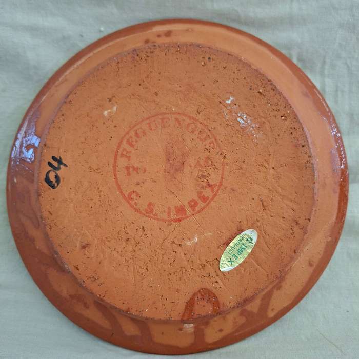 Hand decorated Portugese terra cotta Plate signed - flowers and leaves