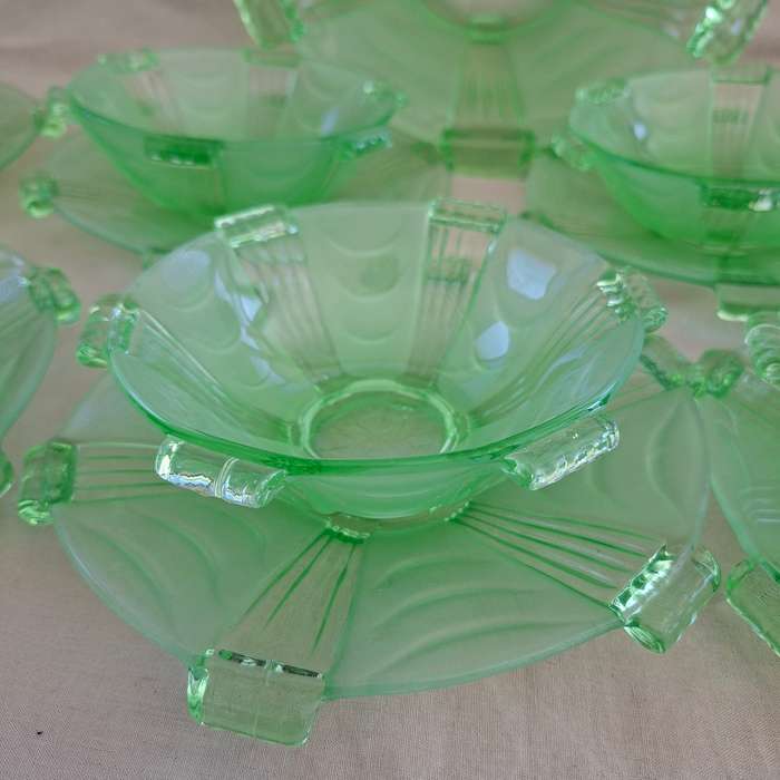 Green uranium Glass? Fruit set 17 pieces - Deco Czech - Stolzle Hermanova Hut factory  8 bowls 8 ...