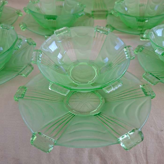 Green uranium Glass? Fruit set 17 pieces - Deco Czech - Stolzle Hermanova Hut factory  8 bowls 8 ...