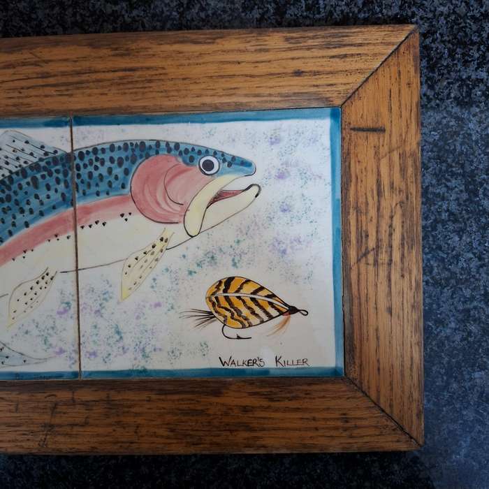 2 painted tile pictures - rainbow trout and flies set in oak frames