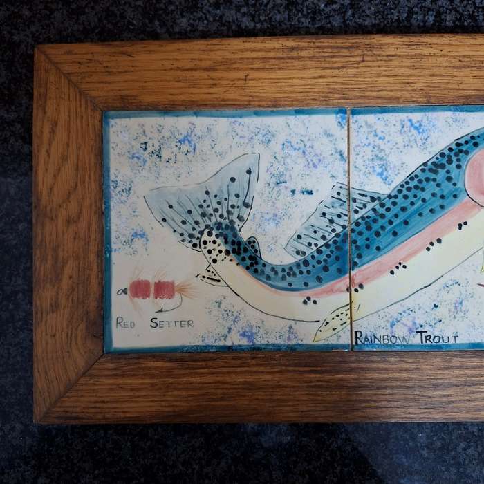 2 painted tile pictures - rainbow trout and flies set in oak frames