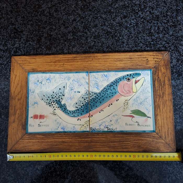 2 painted tile pictures - rainbow trout and flies set in oak frames