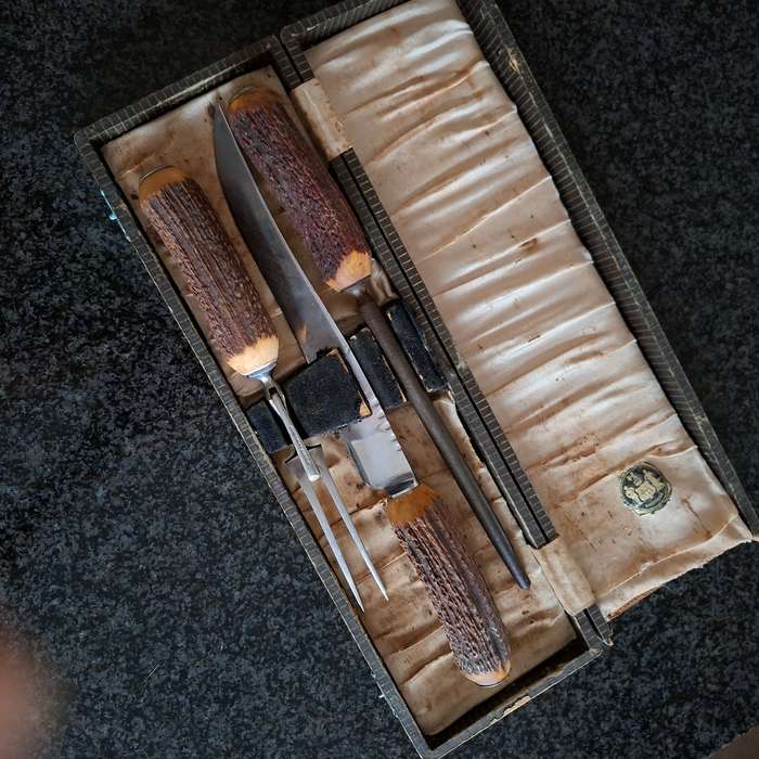 Sheffield Steel Horn handled Carving set - knife carver and steel