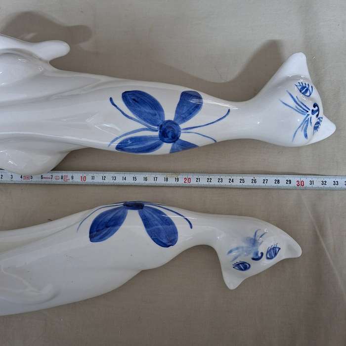2 Cat figurines - blue and white - hand painted - 33 cms tall