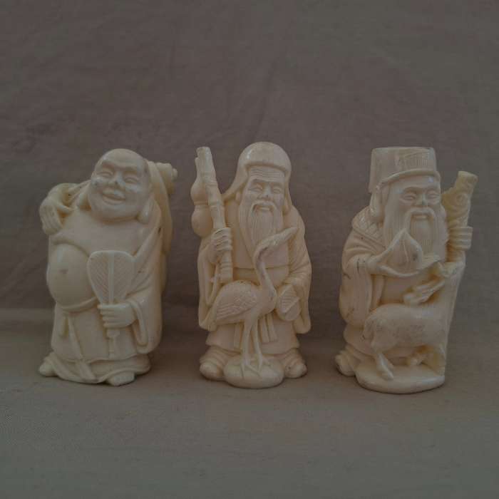 3 Chinese deities - faux ivory composite 7 cms  - fortune prosperity and longevity