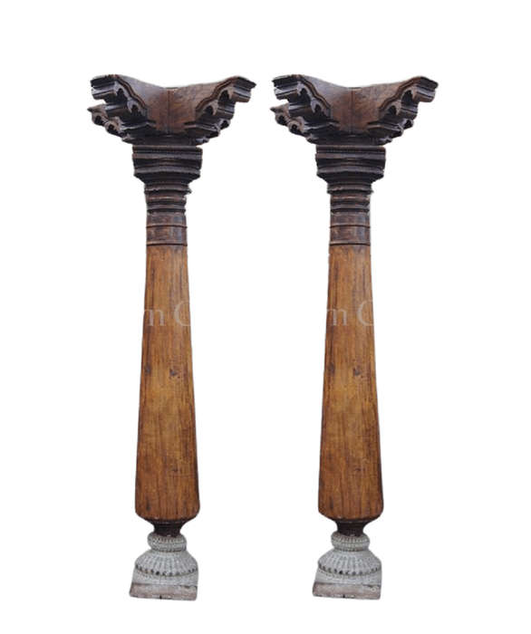 Pair Hardwood & Stone Columns 19th Century
