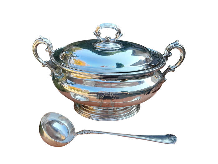 A 20th Century English  Electroplate Soup Tureen with Handles and Cover and Matching Ladle  Elk...