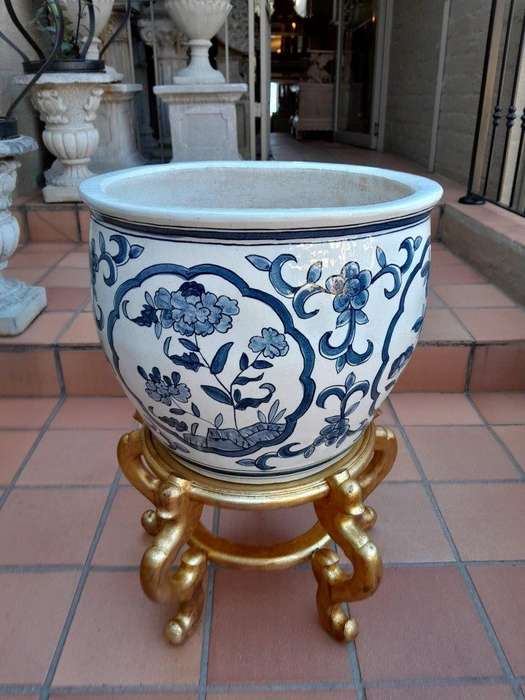A 20th Century Painted Large Size Decorative Bowl On Carved Wooden And Hand Gilded Stand