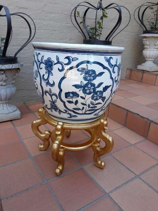 A 20th Century Painted Large Size Decorative Bowl On Carved Wooden And Hand Gilded Stand