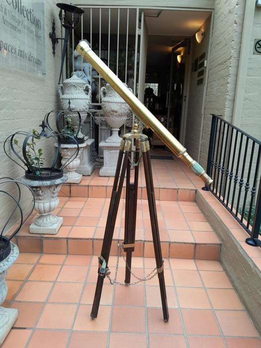 A 20th Century Solid Brass Stanley London Telescope on Tripod Teak Wood Stand with Brass Mounts a...
