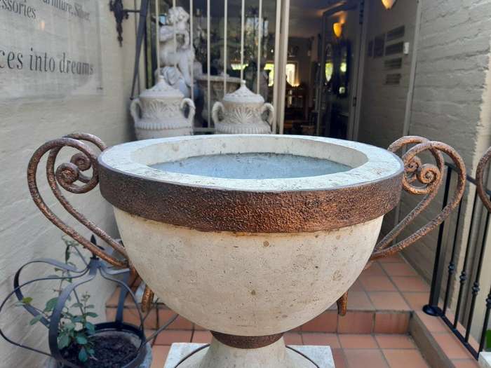 A 20th Century Decorative Pair Of Metal And Stone Urns On Stands
