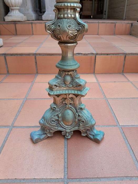 A 20th Century Pair Of French Style Brass Floor Candle Holders Of Large Proportion