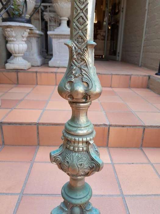 A 20th Century Pair Of French Style Brass Floor Candle Holders Of Large Proportion