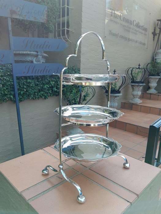 An Antique English Edwardian Tall Silver-Plate Cake / Food Stand with Three Removable Plates / Bowls