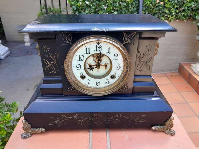An Antique Victorian Ansonia Gilt Metal, Black Lacquer Chiming Working Clock with Key