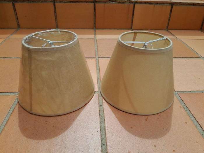 A 20th Century Pair Of Handmade Parchment Lampshades With Gold Painted Trim