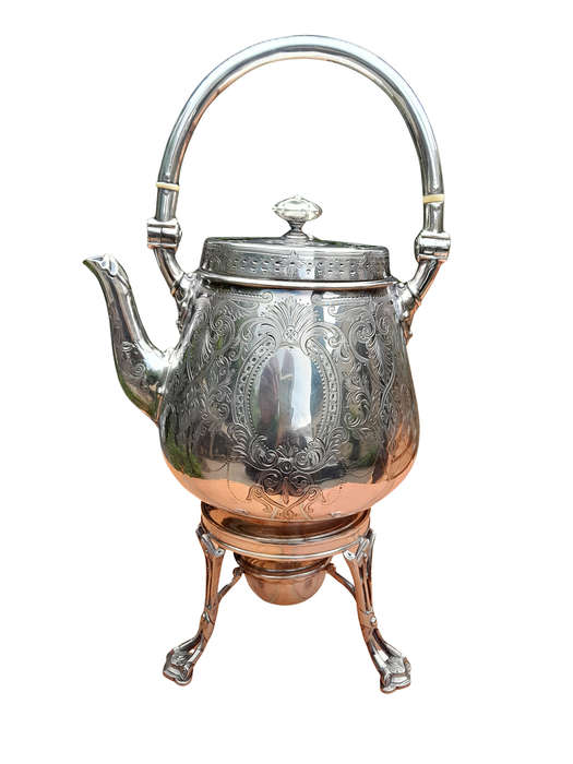 An Antique Victorian Silver Plate Tea Kettle on Stand with Burner